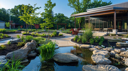 Naklejka premium A therapeutic landscape for a rehabilitation center, featuring water features, shaded paths, and wheelchair-accessible gardens