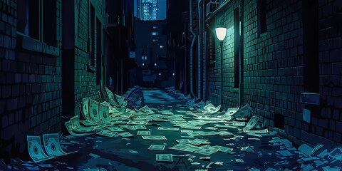 A dark alley, lit only by the dim light of a streetlamp, shows the aftermath of a robbery: scattered $20 bills, speckled with silver.