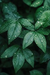 Fototapeta premium Close up of dewy green leaves in nature, Freshness and rain concept