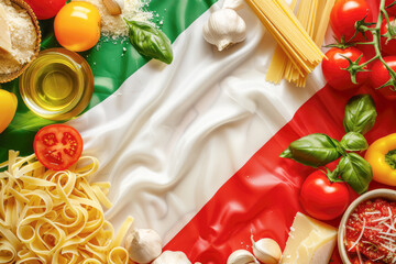 arrangement of pasta, tomatoes, and cheese placed on an Italian flag, symbolizing the essence of...