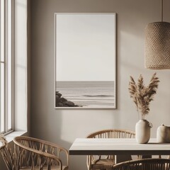 A tranquil ocean view through a window in a cozy dining area with natural tones and subtle decoration elements.