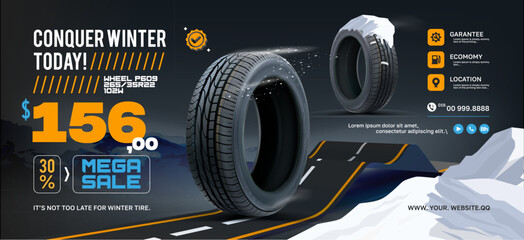 Tyre banner. Landscape. Winter sale tyre. 