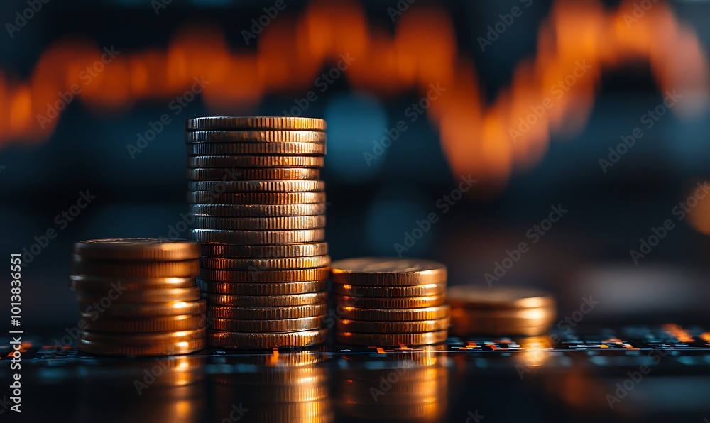 Aufkleber a focused stack of coins in the foreground with a glowing upward trend graph in the background, symb