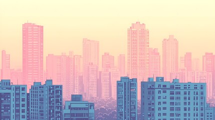 Obraz premium A cityscape with a soft, pink and blue gradient overlay, creating a dreamy and ethereal aesthetic.
