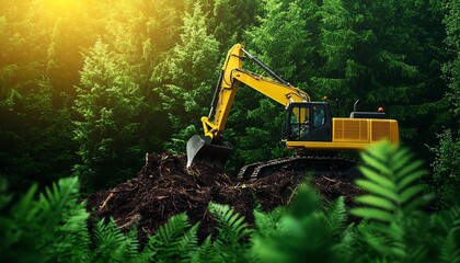 Excavator working in a forested area, clearing trees and earth for construction, surrounded by lush green foliage.