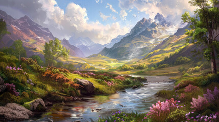 Obraz premium A tranquil mountain landscape with a peaceful river flowing through the valley, surrounded by vibrant greenery