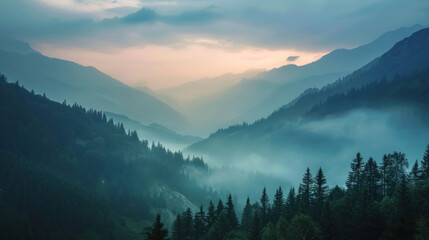 Obraz premium A tranquil mountain landscape with soft lighting and calming natural sounds, ideal for mindfulness retreats