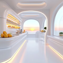 Obraz premium Modern bar interior showcasing seamless white design with illuminated shelves, offering a serene sunset view.
