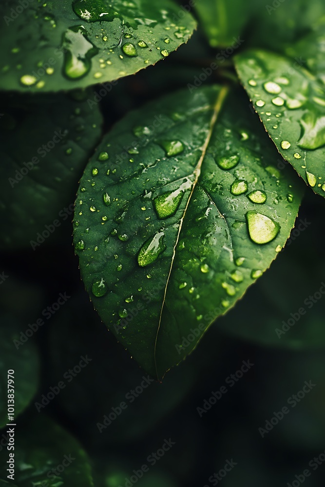 Wall mural Close up of Dew Drops on Green Leaves