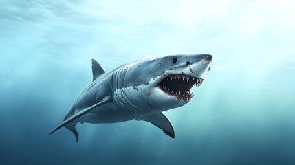 Naklejka premium Majestic Shark Patrolling the Abyss - A Haunting Encounter in the Deep Ocean Trench Evoking Fear and Mystery in the Dark Depths of the Unknown