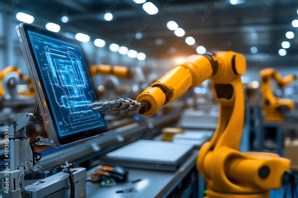 Poster futuristic factory producing high-tech products, with robotic quality checks and holographic screens