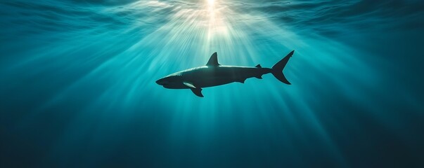 Naklejka premium Silent Predator A Shark Lurking in the Ominous Depths of the Ocean - Capturing the Essence of Underwater Danger and Mystery in a Striking Visual