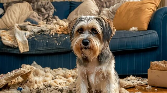 A small dog with a guilty expression sits amid remnants of a demolished sofa in a living room. Torn cushions and scattered stuffing create a chaotic scene. The dog, possibly a terrier mix, is