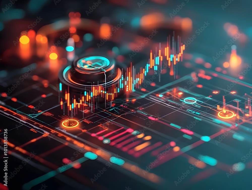 Poster detailed macro view of a complex market trading chart in a cool blue color scheme visually dissectin