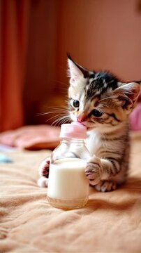  Chaton buvant du lait au biberon sur un lit douillet