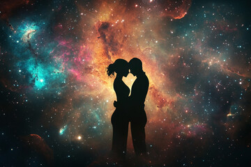 A couple's silhouette against the backdrop of an ethereal galaxy, symbolizing their love as vast and infinite in space. 