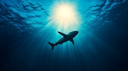 Obraz premium Majestic Shark Gliding Through Dark Underwater Cave - Enigmatic Shadows and Haunting Silence Create a Mysterious Ocean Adventure