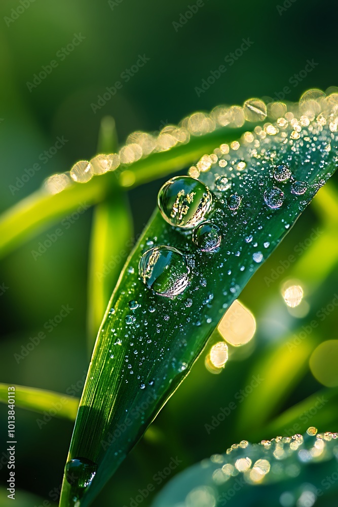 Sticker Macro Photo of Dew Drops on Green Grass Blade, Nature Photography