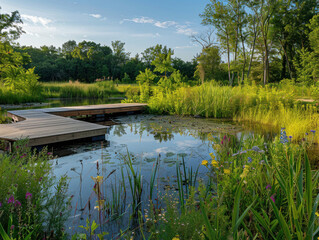 A wetland restoration landscape with diverse plant species, boardwalks for public access, and natural habitats