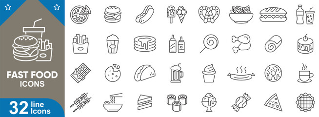 Fast food outline icons set. French, burger, pizza, sandwich, ice cream, donut, popcorn, kebab, sushi, coffee and more. vector illustrator.