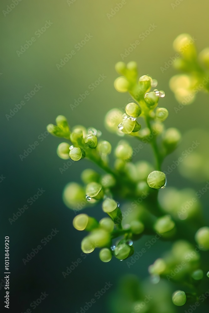 Wall mural Close up of green plant buds with morning dew drops. Spring, new growth, nature photography