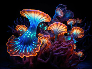 Bioluminescent Corals Shining Brightly in Darkness