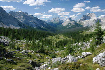 Obraz premium A wide vista of rugged mountains in a national park, with hiking trails weaving through the forest below