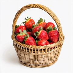 A small bamboo basket with a handle, full of strawberries on a white background.  