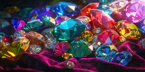 An assortment of brightly colored jewels, glittering in the light, piled high on a velvet cloth.