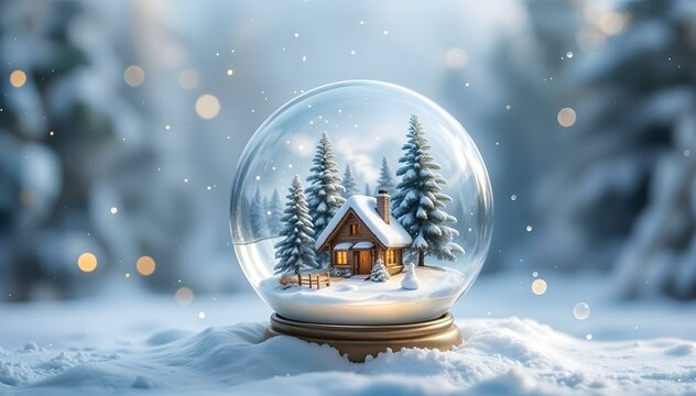 Shimmering New Year's crystal ball. Christmas house with fir tree in snow globe on snowy background. Winter. New Year. Merry Christmas