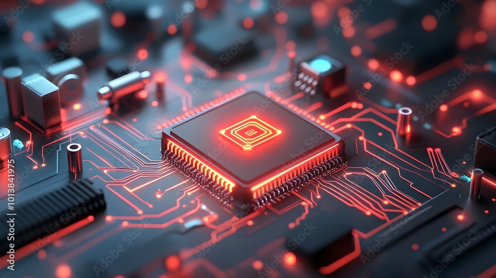 Poster glowing digital circuit board with interconnected pathways and pulsing energy nodes showcasing the c