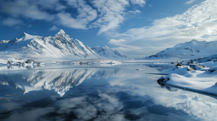 Obraz premium A winter wonderland scene, with snow-covered mountains reflecting in a frozen lake