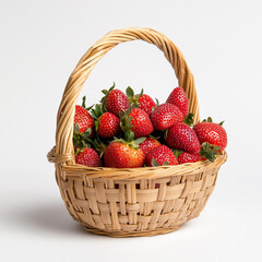 A small bamboo basket with a handle, full of strawberries on a white background.  