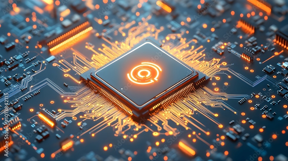 Poster glowing digital circuit board with complex and intricate interconnected pathways pulsating energy no