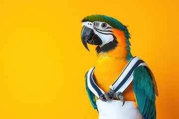 Parrot in a sailor s outfit, standing proudly against a bright yellow background