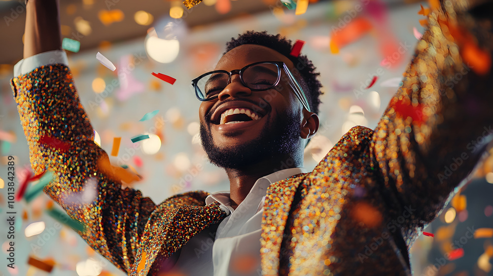 Wall mural Happy candid young business black man dancing under confetti at an office party celebrating success and company goals 