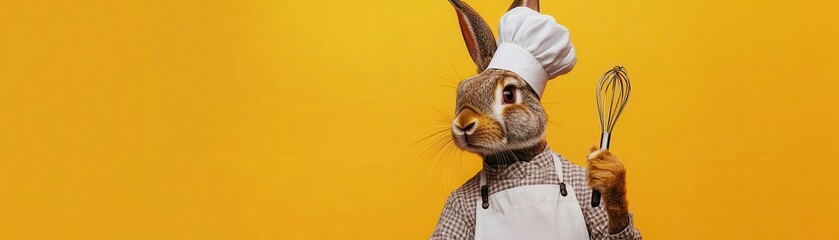 Naklejka premium Rabbit dressed as a chef, holding a whisk and wearing a white apron, against a bold orange background