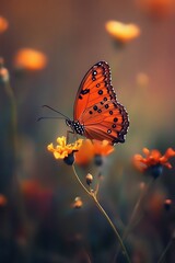 Obraz premium Orange butterfly on a flower in a field of flowers.