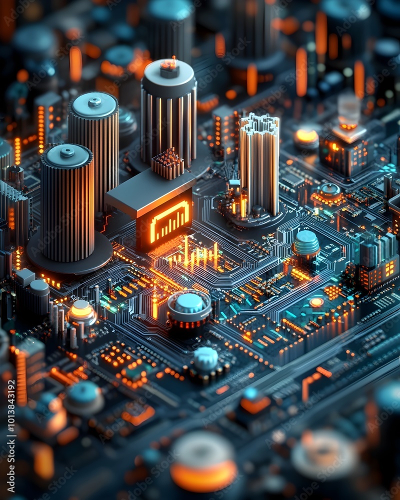 Poster striking macro photograph showcases the intricate details and patterns of a complex electronic circu