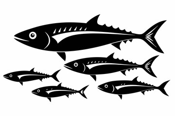 Obraz premium A set of Mackerel fishes silhouette black vector art illustration