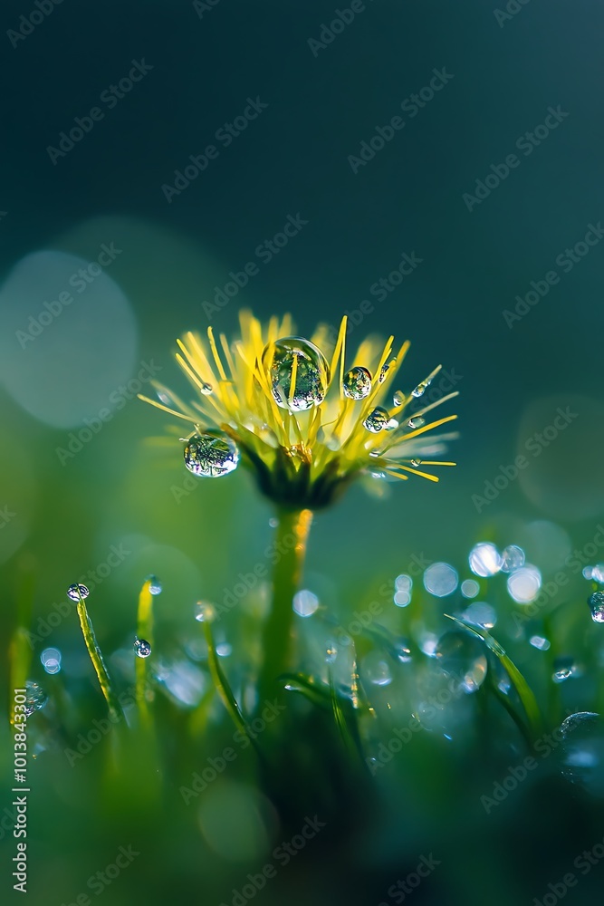 Poster Close up of dandelion with dew drops, macro photography of flower with water droplets