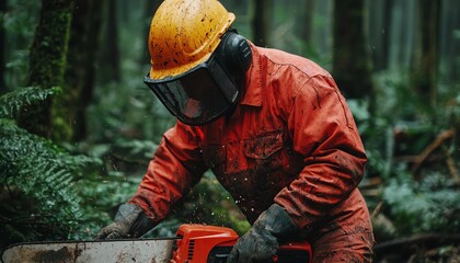 A lumberjack in protective gear operates a chainsaw amidst a dense forest.