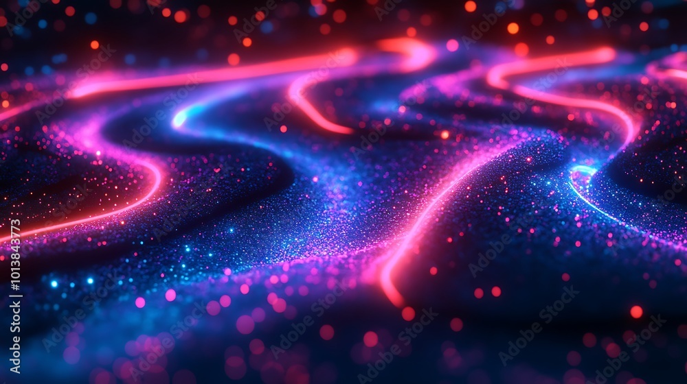 Fototapete a vibrant, abstract wave of blue and pink light trails illuminated against a dark background, creati