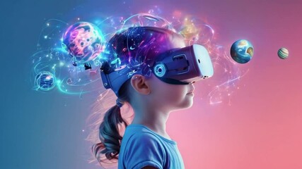 A child wearing a virtual reality headset, immersed in a colorful digital universe. - Powered by Adobe