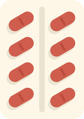 Simple flat vector icon of a blister pack containing red pills for medical treatment
