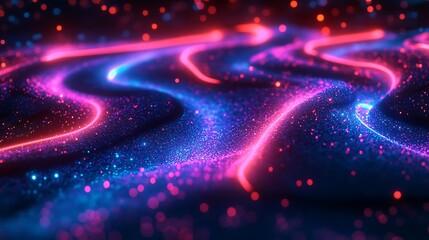 Fototapeta premium A vibrant, abstract wave of blue and pink light trails illuminated against a dark background, creating a dynamic and futuristic visual effect.
