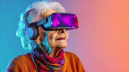An elderly woman experiences virtual reality with a headset and headphones, showcasing technology's reach. - Powered by Adobe