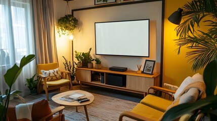 Home living room interior with armchairs, TV screen, decorations, and a mockup frame