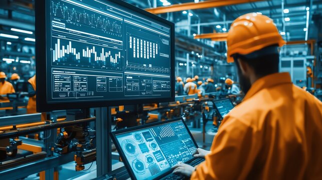 A worker in an industrial setting analyzes data on a touchscreen in a factory filled with machinery and bright lighting.