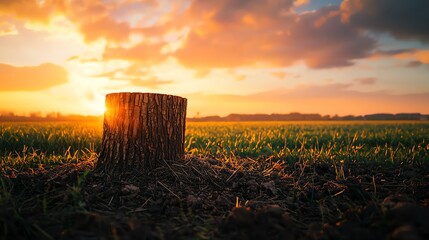 A serene sunset over a grassy field with a stump in the foreground, showcasing the beauty of nature.
